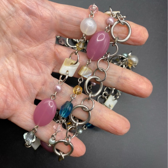 COOKIE LEE Acrylic Beads & Natural Seashells Long Necklace Silvertone - Picture 3 of 9